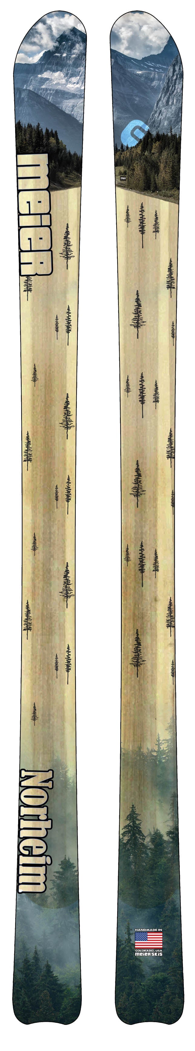 Telemark skis with the words Meier and Norhiem on them and a mountain tree design.