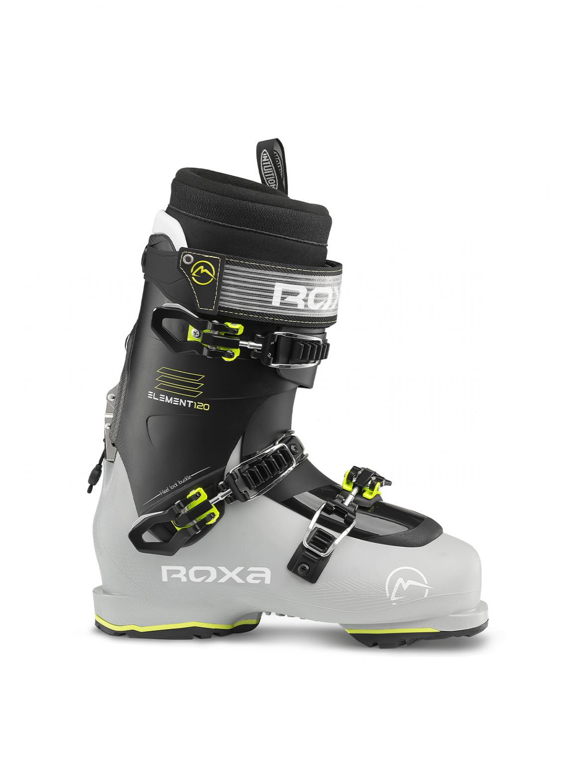 Men's downhill ski boot with a grey lower piece and black cuff with 4 buckles by Roxa ski boots