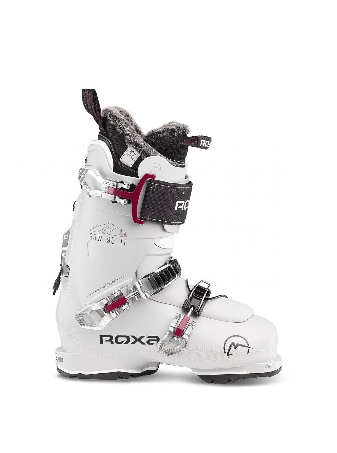 women's backcountry touring ski boot by Roxa in white with three buckles