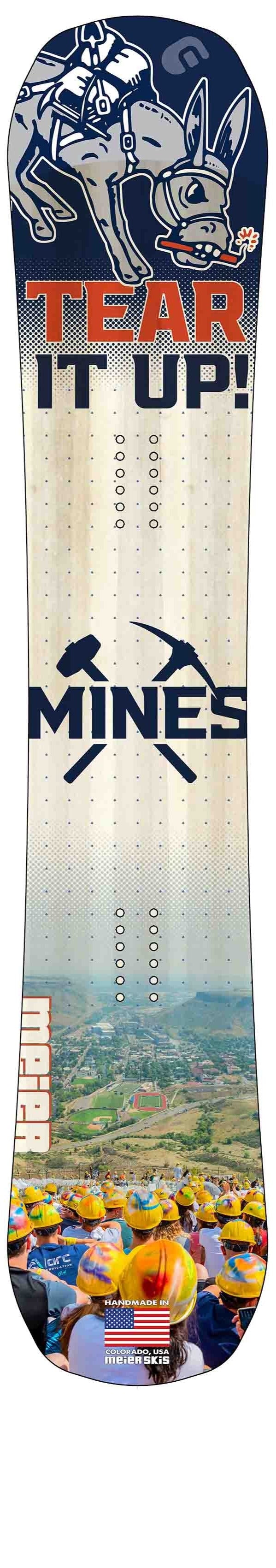 Colorado school of Mines custom snowboard with Blaster the Burro on the tip and Oredigger pride on the custom snowboard tail.